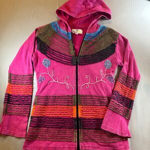 Happy Colors Pink Boho Embroidered Zip Up Hoodie Womens Sm? Cotton Nepal